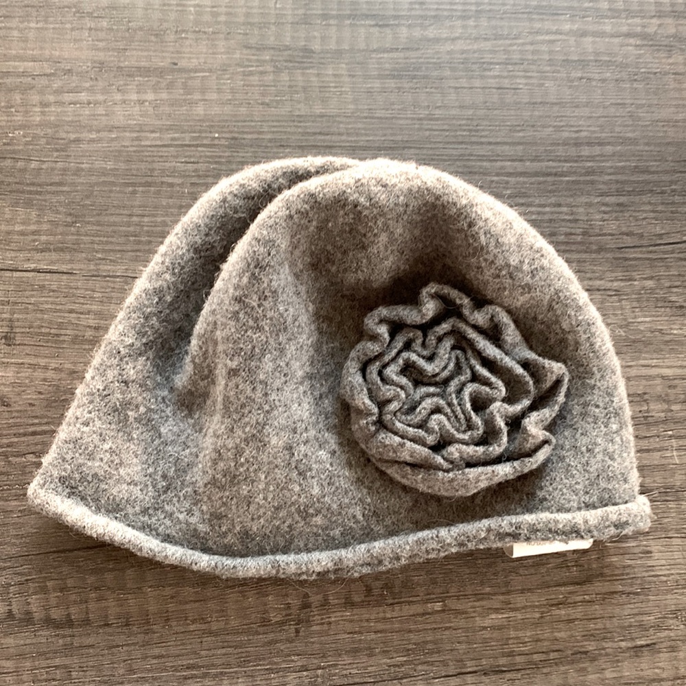 Gray Wool Beanie Hat with 3D Flower | Cozy Winter Cap